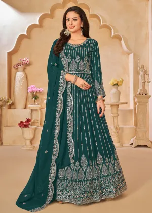 Teal Green Resham Zari Embroidered Festive Anarkali Suit