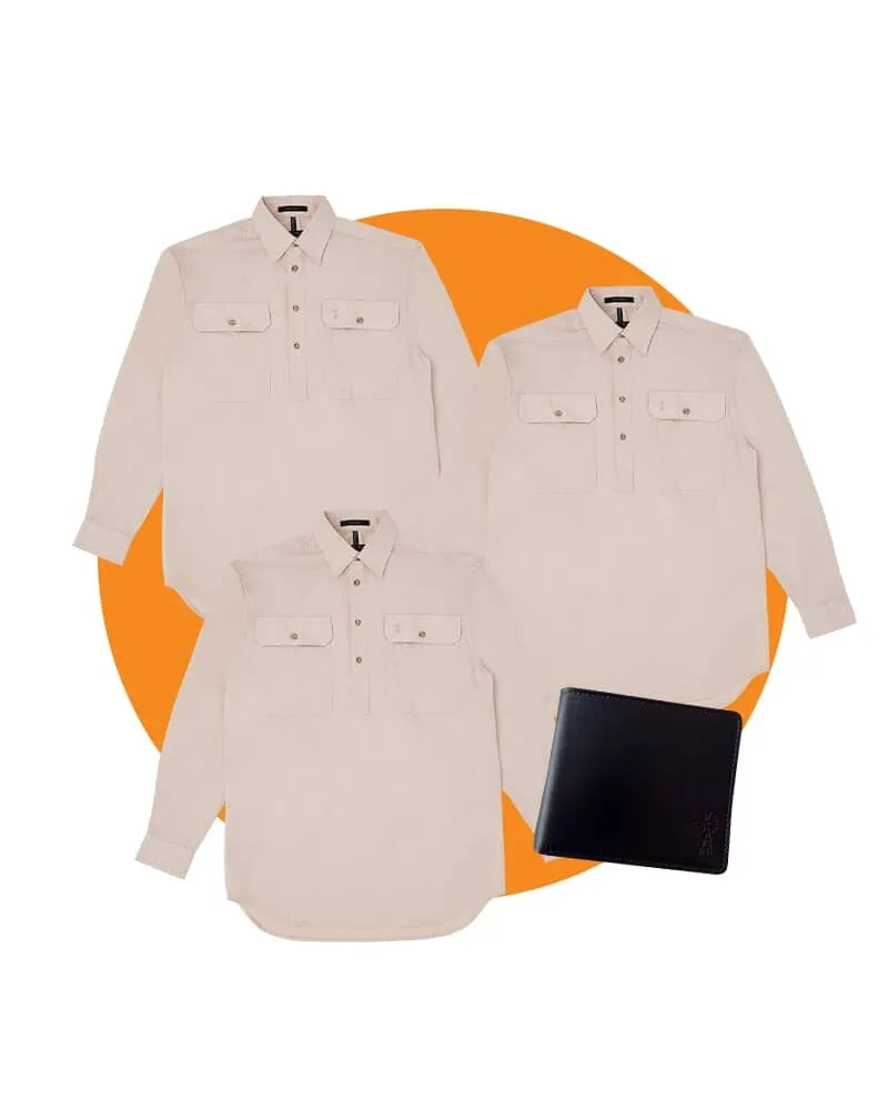 Tradies Closed Front Cotton Twill LS Shirt Value Pack - Stone