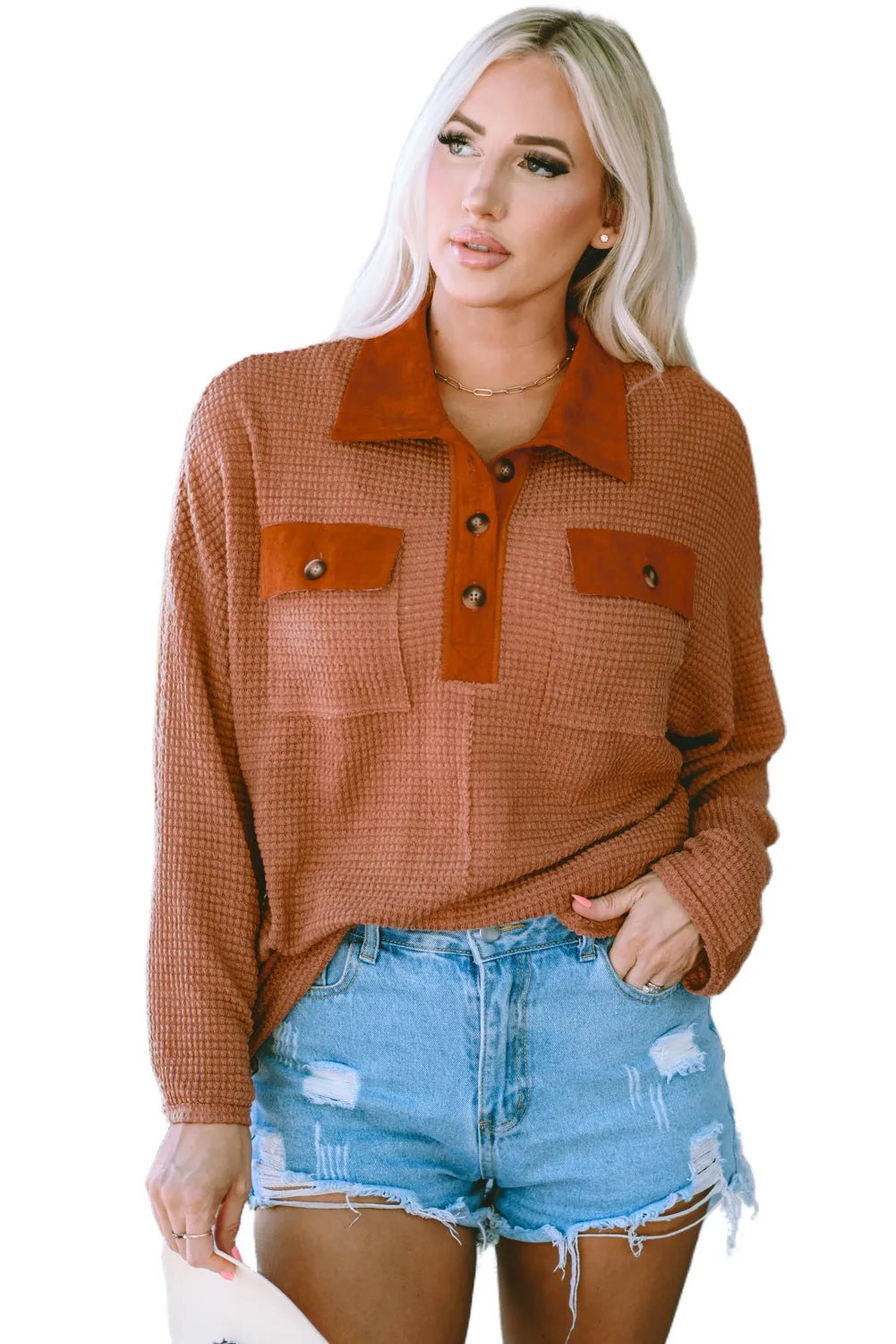 Waffle Knit Trim Long Sleeve Top