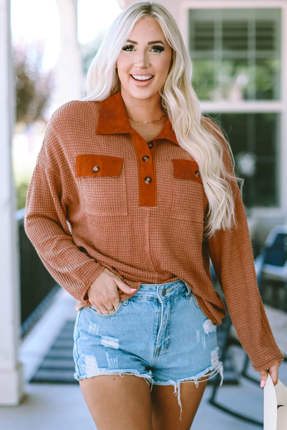 Waffle Knit Trim Long Sleeve Top