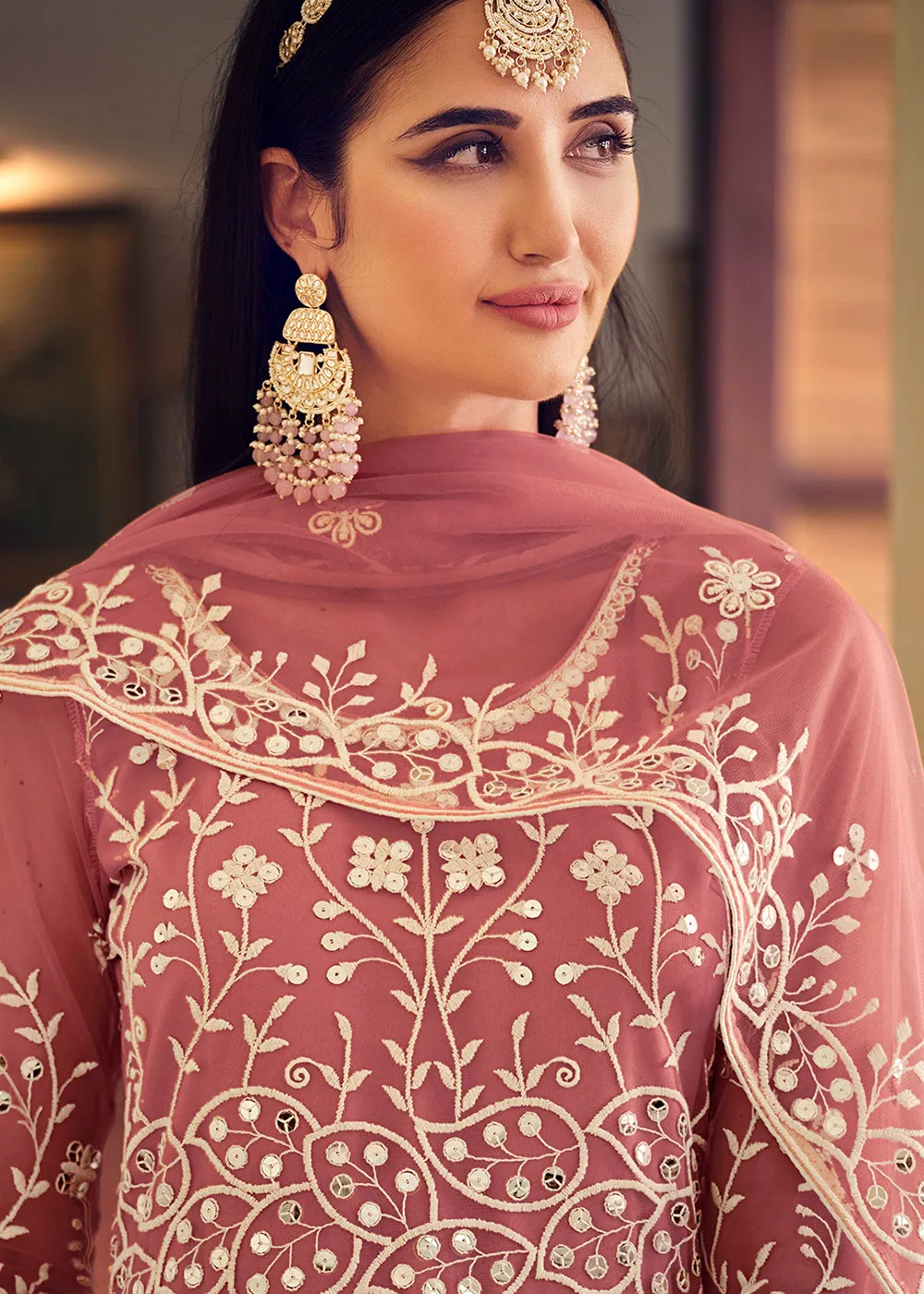 Wedding Wear Pink Net Sequins Embroidered Anarkali Suit