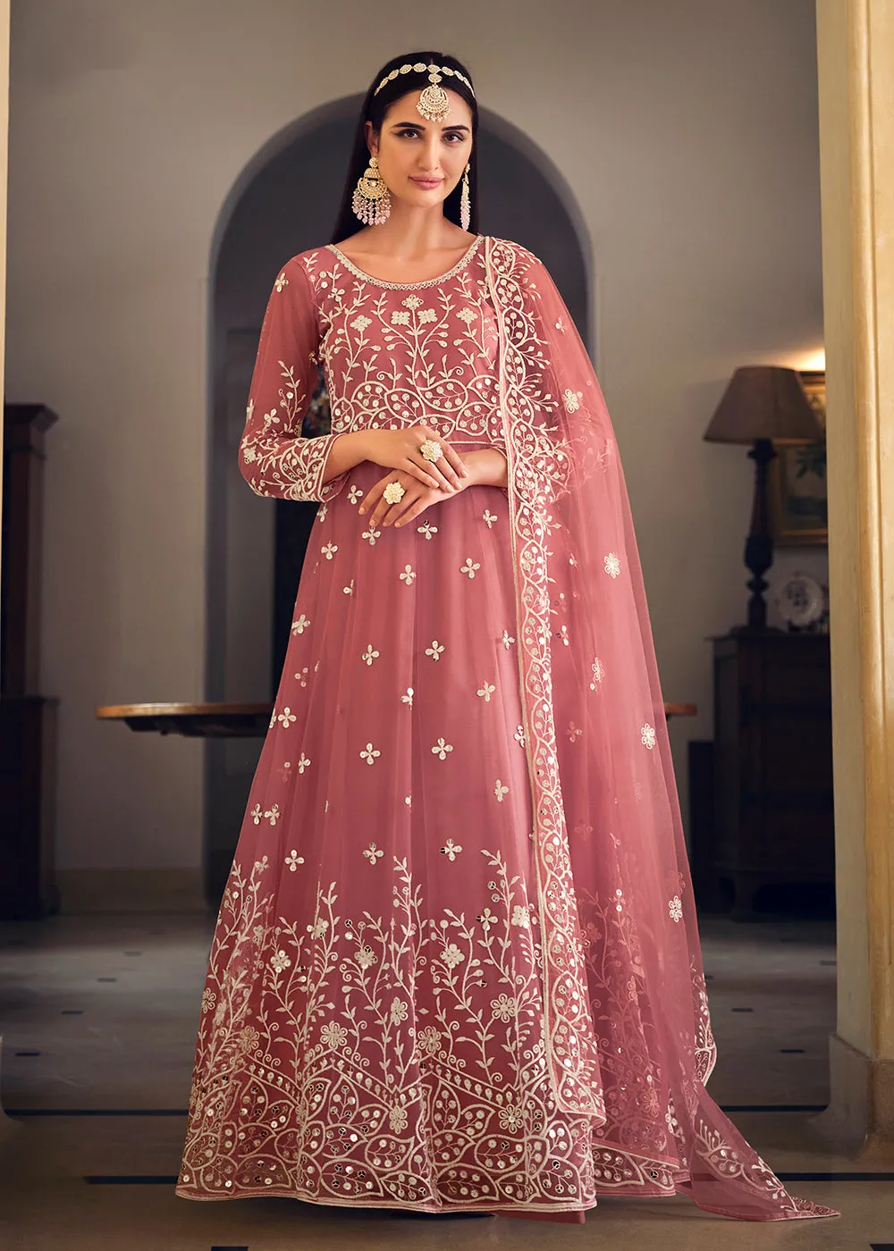 Wedding Wear Pink Net Sequins Embroidered Anarkali Suit