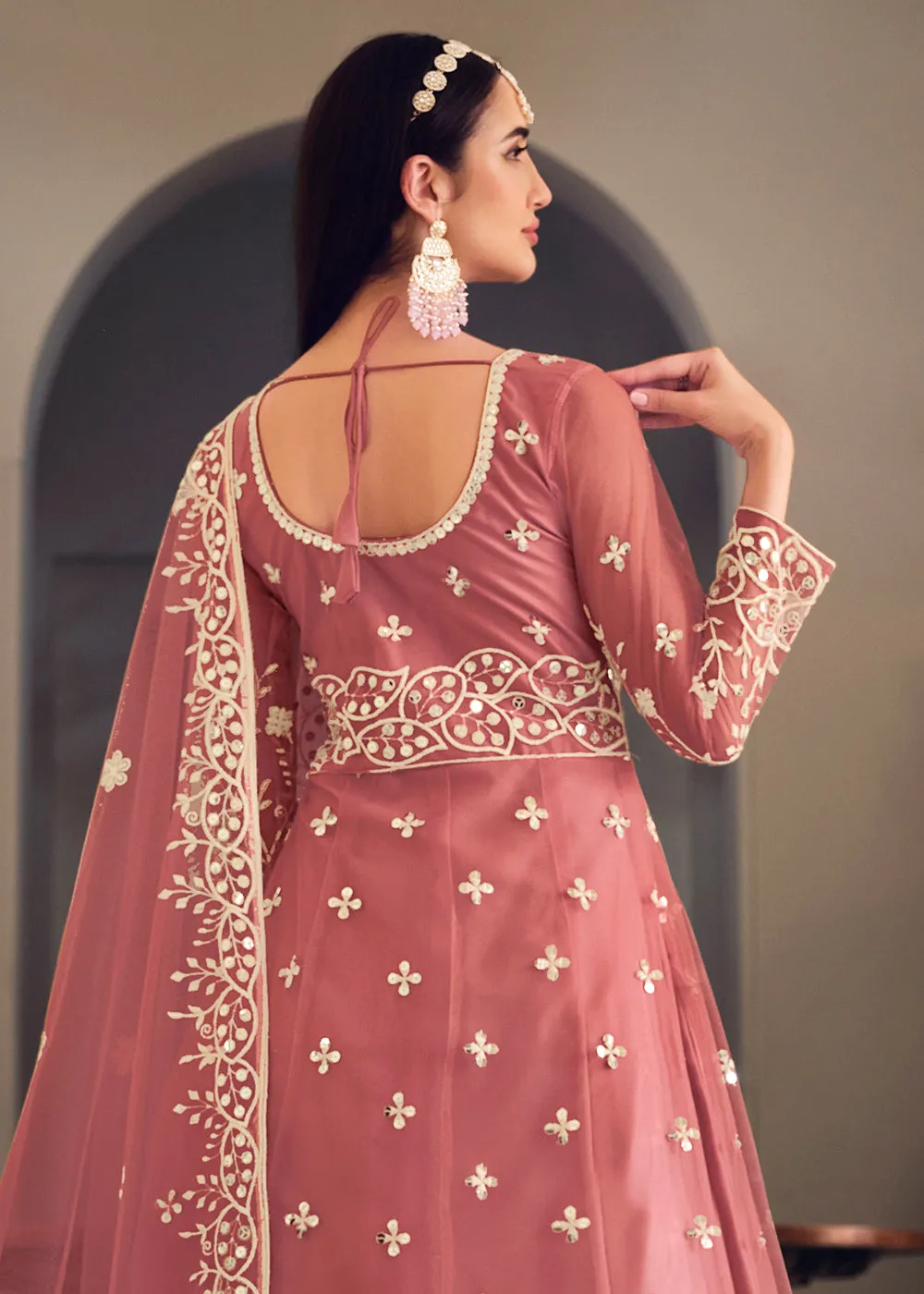 Wedding Wear Pink Net Sequins Embroidered Anarkali Suit