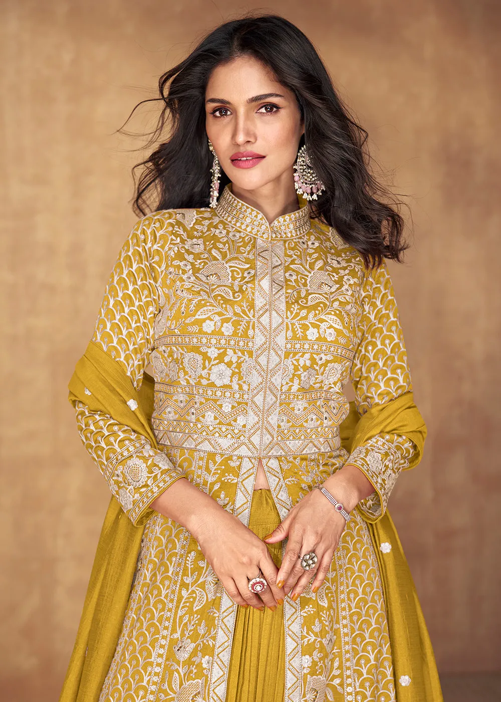 Yellow Slit Style Embroidered Lehenga Anarkali Suit