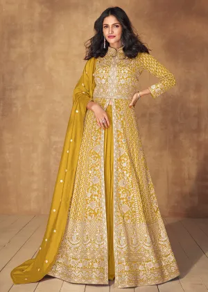 Yellow Slit Style Embroidered Lehenga Anarkali Suit